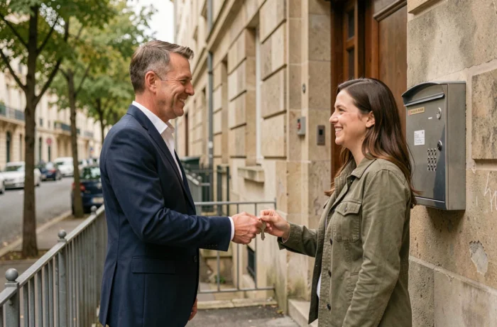 Agent immobilier remettant les clés d'un appartement à une nouvelle locataire devant la porte d'entrée