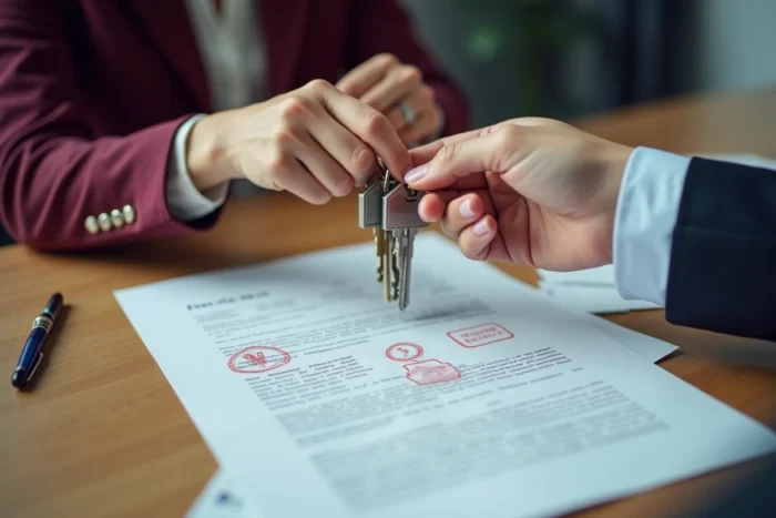 Remise des clés d'une maison au-dessus de contrats notariés lors d'une transaction immobilière