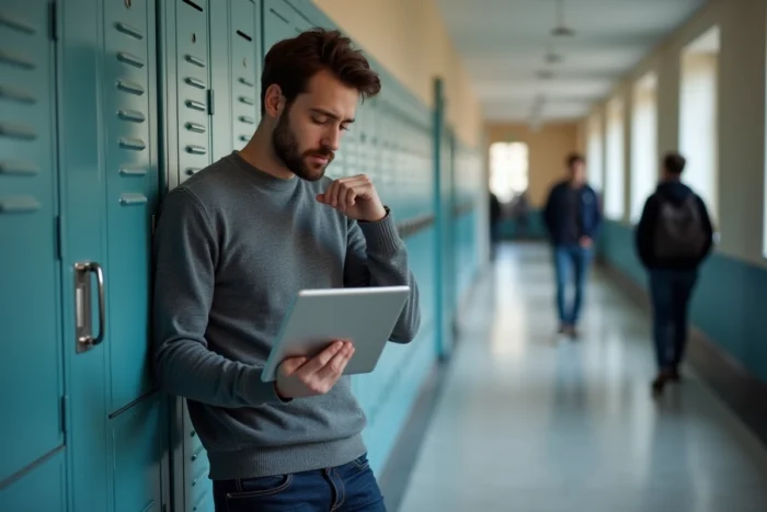 Remplaçant enseignant consultant sa messagerie PIA Amiens sur une tablette dans un couloir d'école
