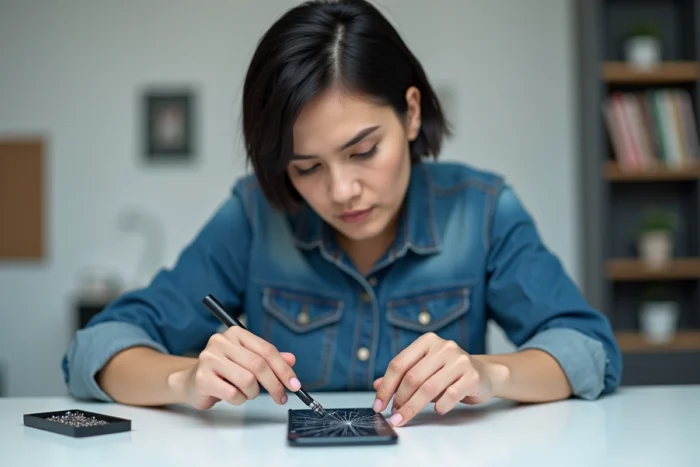 Femme changeant l'écran cassé de son smartphone sur un bureau blanc avec des outils de réparation étalés