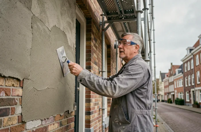 Ouvrier appliquant un enduit isolant sur la façade en briques d'une maison de rangée belge avec échafaudage