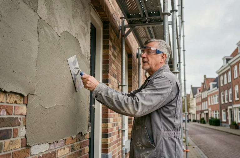 Ouvrier appliquant un enduit isolant sur la façade en briques d'une maison de rangée belge avec échafaudage