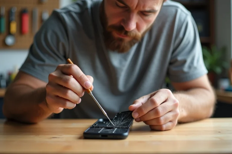 Homme réparant son smartphone avec un tournevis sur un établi en bois, atelier maison ordonné en arrière-plan