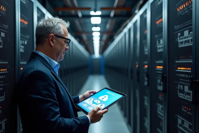 Responsable informatique en salle de serveurs tenant une tablette affichant un plan de migration vers le cloud