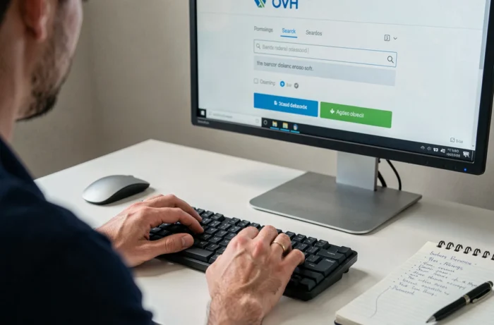 Gros plan des mains d'un utilisateur saisissant un nom de domaine sur l'interface OVH depuis un ordinateur de bureau