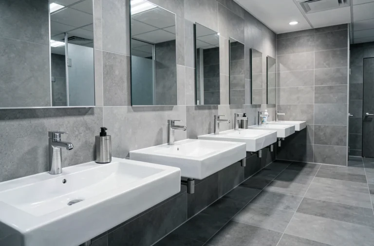 Sanitaires professionnels modernes dans un espace de bureau avec distributeurs de savon en inox et lavabos en céramique blanche