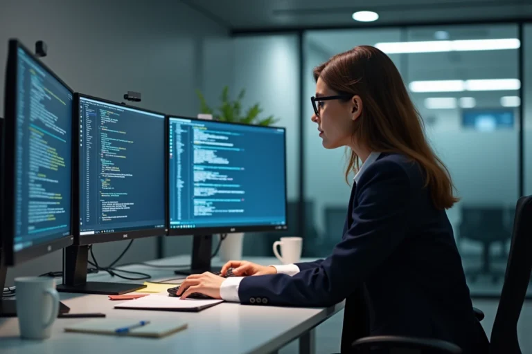 Femme professionnelle analysant les paramètres de sécurité informatique sur un poste de travail à double écran dans un bureau moderne