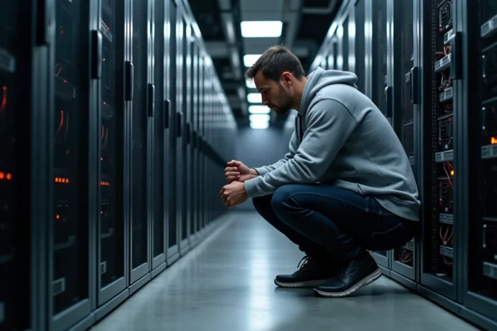Technicien informatique inspectant les connexions d'une baie de serveurs dans une salle de données sécurisée