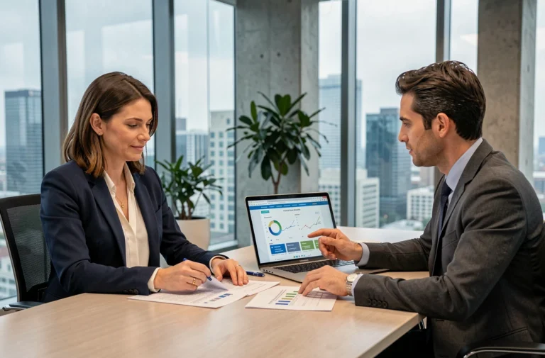 Femme d'affaires et consultant discutant de services sur-mesure autour d'une table de réunion moderne avec vue sur la ville