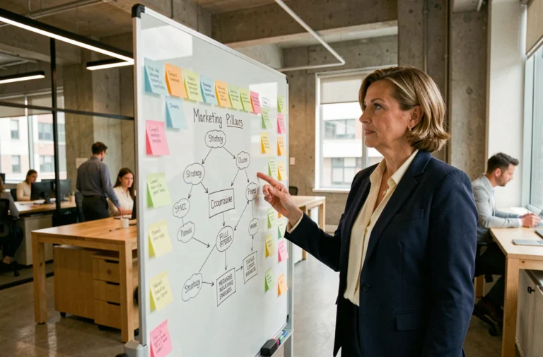 Femme professionnelle présentant une stratégie marketing 8P sur un tableau blanc dans un bureau moderne