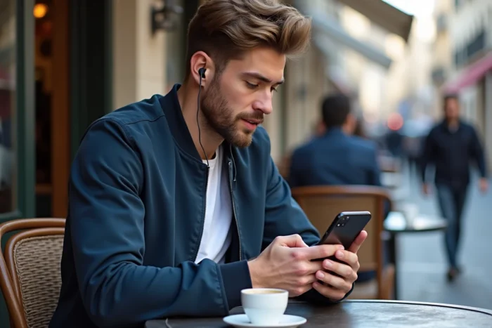 Homme utilisant une application de streaming sur iPhone en terrasse de café en ville
