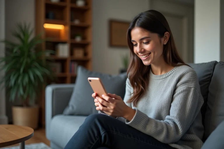 Jeune femme regardant une application de streaming vidéo sur smartphone Android dans un salon moderne