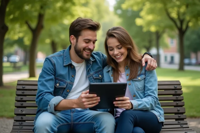 Deux amis regardant une application de streaming vidéo ensemble sur une tablette Android dans un parc