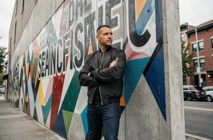 Homme devant une fresque murale urbaine colorée, illustrant la culture street art et les tendances artistiques contemporaines en ville