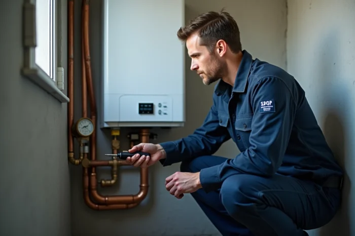 Technicien en uniforme inspectant un chauffe-eau mural Saunier Duval affichant l'erreur F28 dans une chaufferie d'appartement