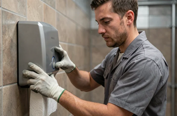 Technicien de maintenance remplaçant un distributeur automatique de papier dans des sanitaires industriels professionnels