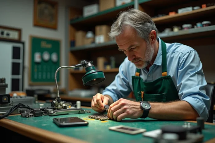 Technicien examinant la carte mère d'un smartphone sous une loupe grossissante dans une boutique de réparation indépendante