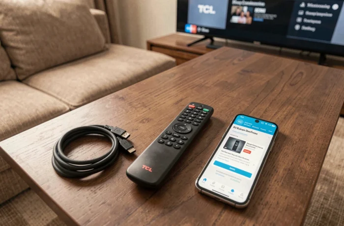 Vue de dessus d'une télécommande TCL et d'un câble HDMI posés sur une table basse, avec un tutoriel affiché sur smartphone