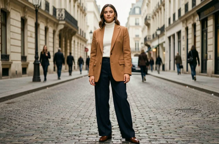 Femme élégante portant un blazer camel oversize et un pantalon large sur une rue pavée parisienne, style mode tendance automne-hiver