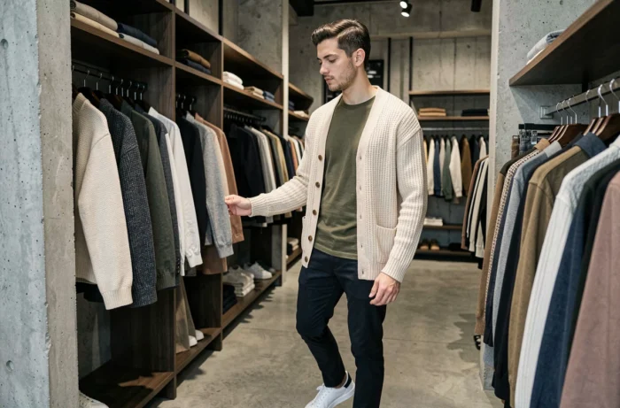 Homme tendance en cardigan texturé écru et chemise olive dans un concept store moderne, style mode masculine contemporaine