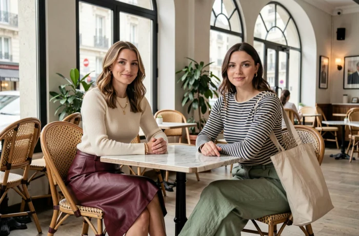 Deux femmes stylées aux tenues tendance contrastées dans un café parisien moderne, inspiration mode printemps-été