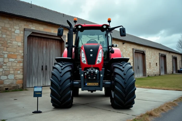Tracteur agricole neuf garé devant une grange en pierre avec panneau de prix, symbolisant le budget d'achat 2024