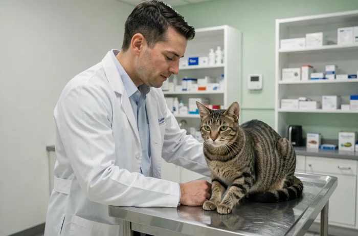 Vétérinaire examinant un chat tigré sur une table d'examen dans une clinique vétérinaire moderne