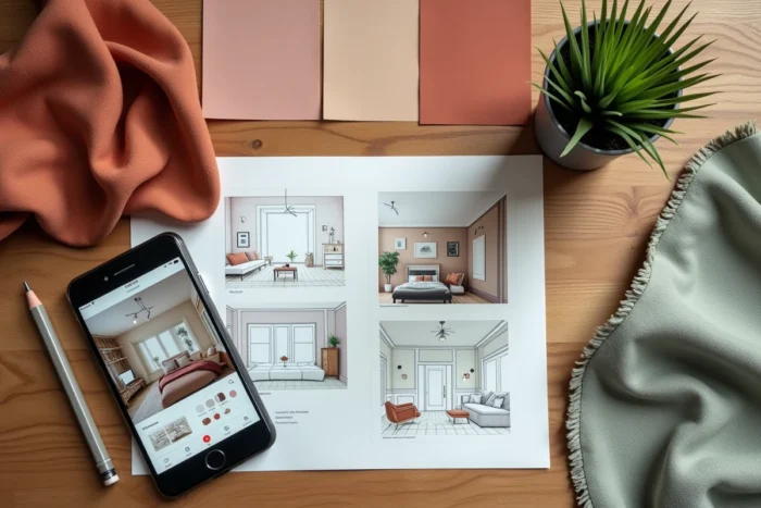 Vue en plongée d'une table avec des échantillons de matières, des nuanciers de couleurs et une application de décoration intérieure ouverte sur smartphone